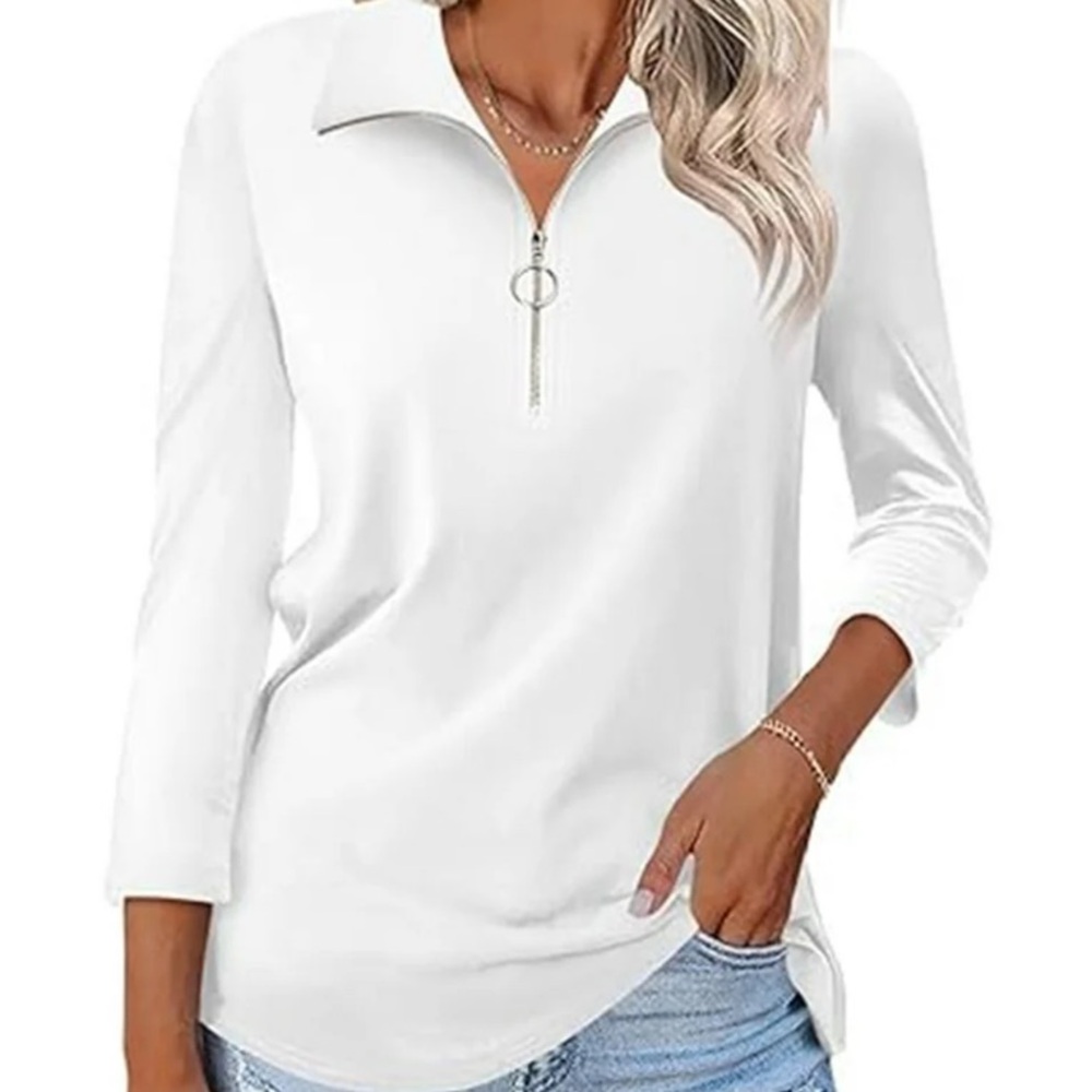 Women’s White Zip Collar 3/4 Sleeve Top 2XL